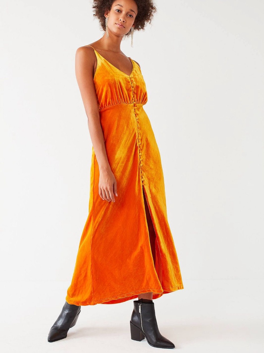 Urban Outfitters Bright Orange Velvet Button-Front Maxi Dress